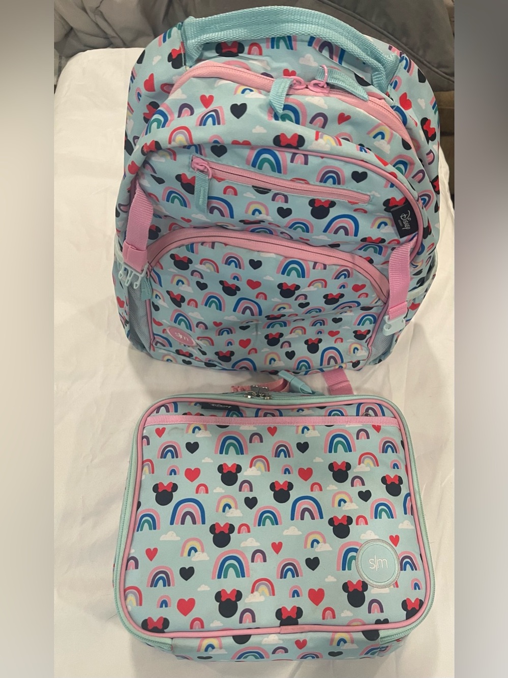 Kids Disney Rainbow & Hearts Backpack and Lunch Bag - Pink & Light Blue